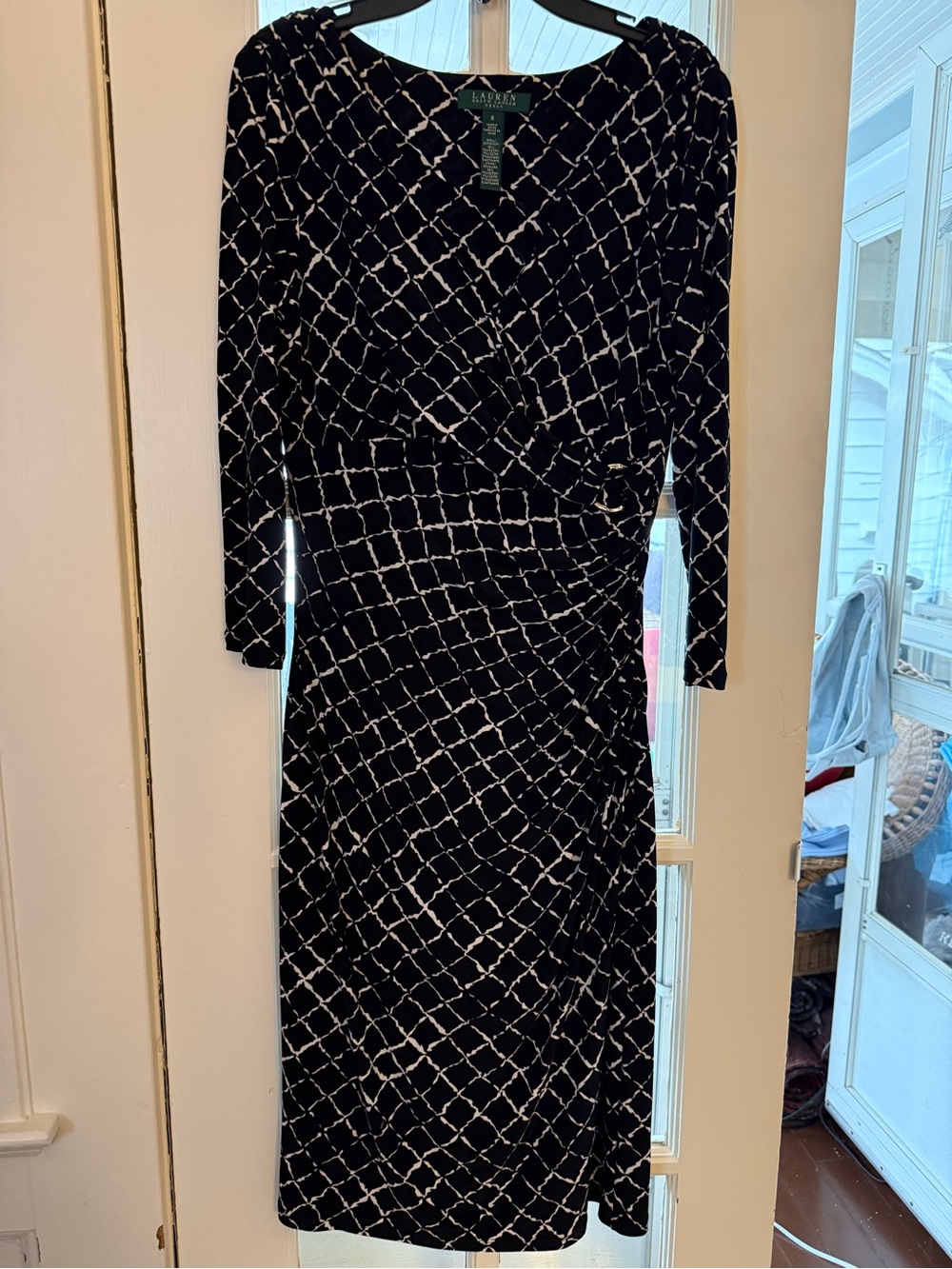 Lauren Ralph Lauren Black & White Patterned Wrap Midi Dress